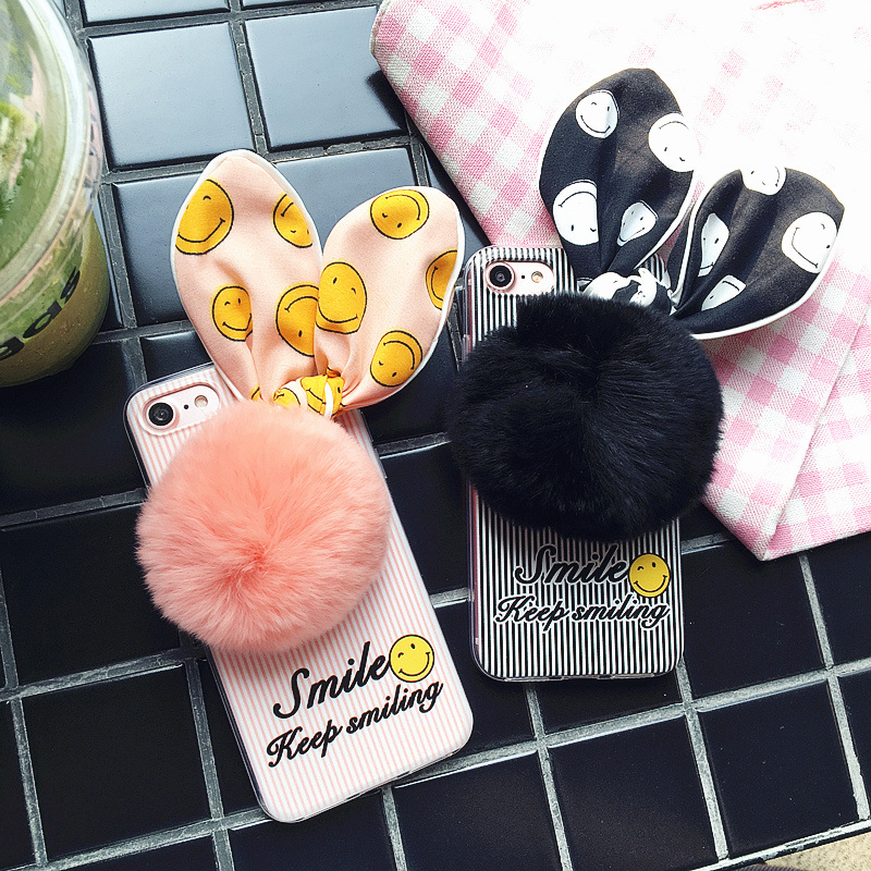 韩国毛绒毛球兔耳朵iphone7手机壳苹果6s/plus创意防摔硅胶软套女