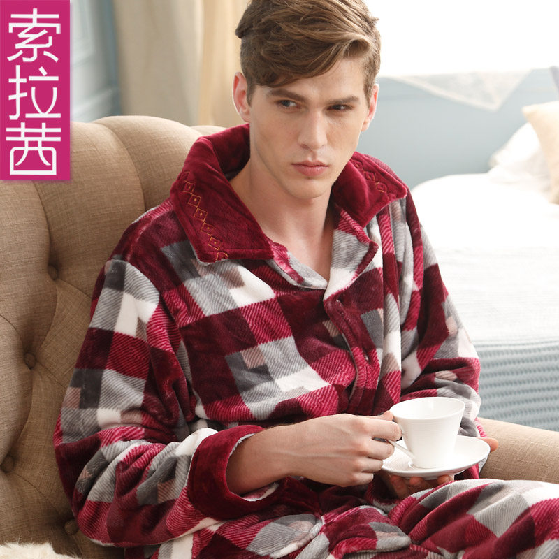 索拉茜男士加厚珊瑚绒睡衣秋冬季法兰绒长袖加大码加肥家居服包邮