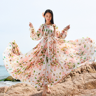 2015春秋装女装长袖碎花，雪纺连衣裙波西米亚，长裙大摆沙滩裙子