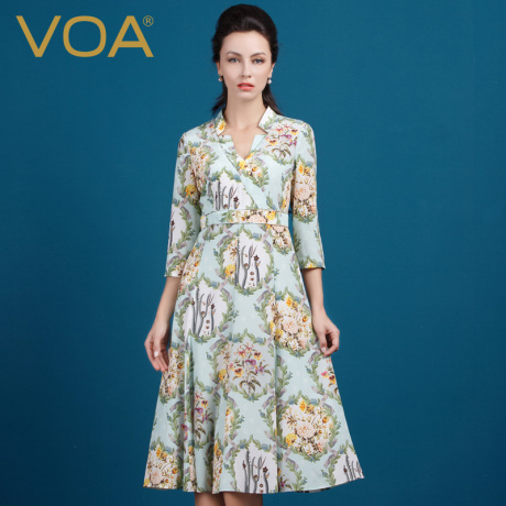VOA气质优雅真丝印花双绉连衣裙女 V领七分袖桑蚕丝百褶裙A0366商品大图