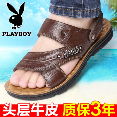 花花公子男士凉鞋真皮2017新款夏季中年防滑沙滩鞋休闲爸爸凉拖鞋