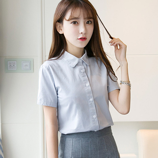 2021春夏季韩版白色棉衬衫，女长袖学生文艺小清新短袖蕾丝上衣