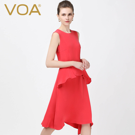 VOA 樱桃番茄红34姆米重磅真丝圆领无袖鱼尾假两件遮腹连衣裙商品大图