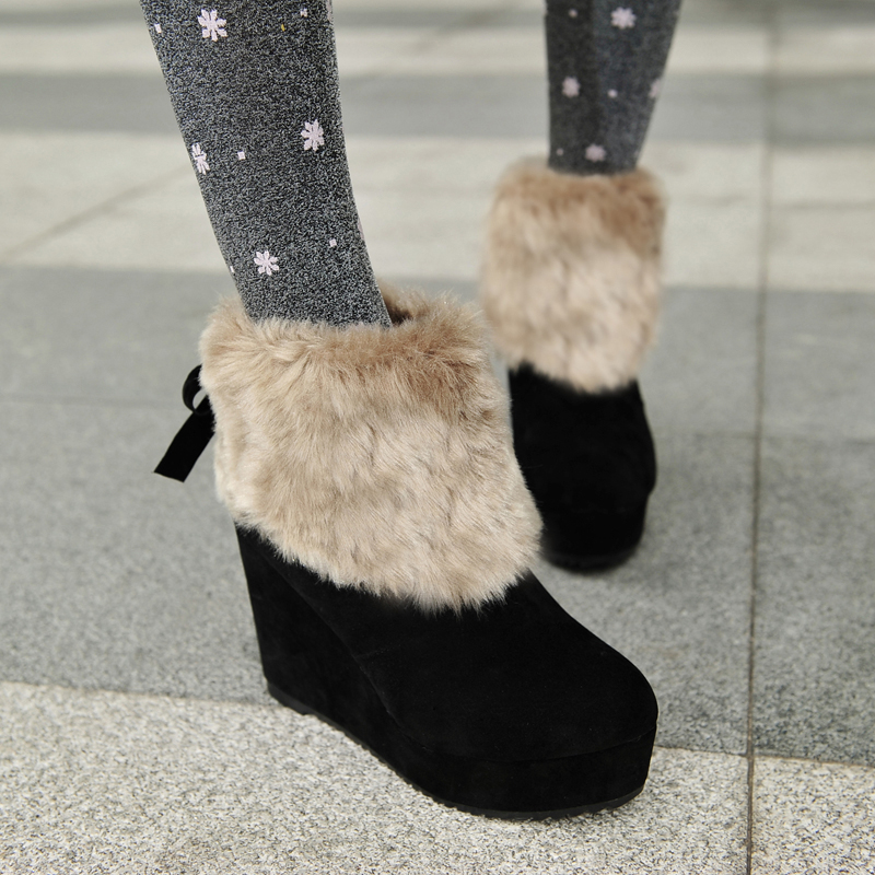 韩版坡跟厚底短靴冬季新款短筒靴雪地靴加绒毛女靴高跟棉靴女鞋