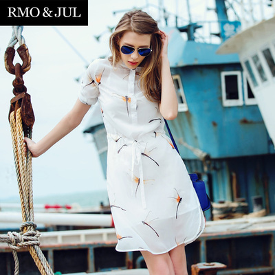 罗家精品2015夏装女装新款 气质立领蜻蜓印花抽绳系带修身连衣裙