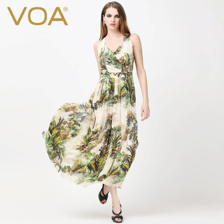 VOA 米黄绿草印花真丝双绉背带式高腰裹衣百褶海滩度假连身裙商品大图