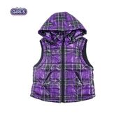 秒冬末韩国女童紫色格纹连帽夹棉，马甲背心