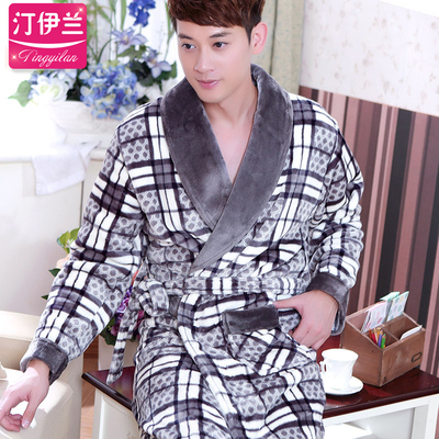格子长袖加厚法兰绒男士睡袍秋冬季睡衣家居服浴袍珊瑚绒袍子大码