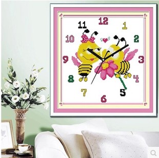 印花十字绣甜甜蜜蜜蜜蜂挂钟钟表十字绣儿童简单卧室客厅餐厅线绣