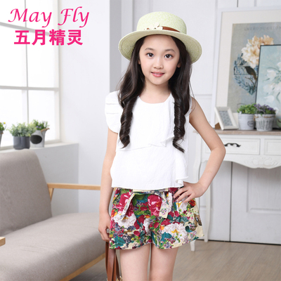 2015新款童装女童夏装韩版儿童夏季休闲短袖中大棉麻碎花短裤套装