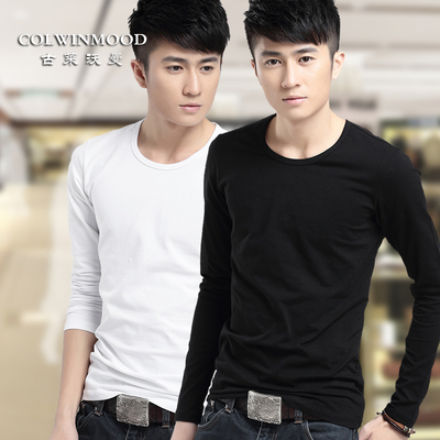 男士长袖T恤打底衫纯色圆领白色黑色棉体恤修身春季男装上装衣服