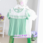 5折女童夏装童装女童白色绿色蕾丝花边莫代尔短袖T恤衫