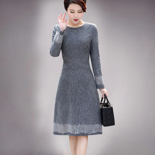 airangel原创品牌秋冬女装气质，优雅定位钉珠，羊毛呢修身长袖连衣裙