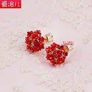 韩式红色花朵玫瑰花新娘耳钉，耳饰耳环耳针彩色，结婚用婚纱礼服饰品