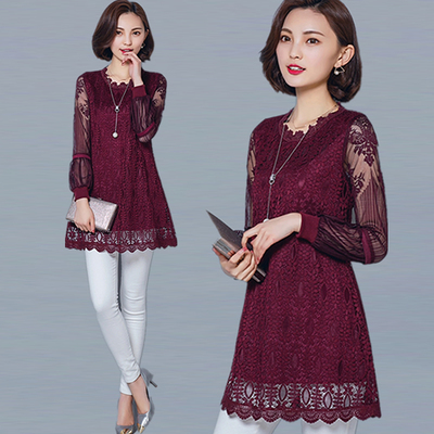 蕾丝衫2016春夏季新款大码女装中长款打底衫