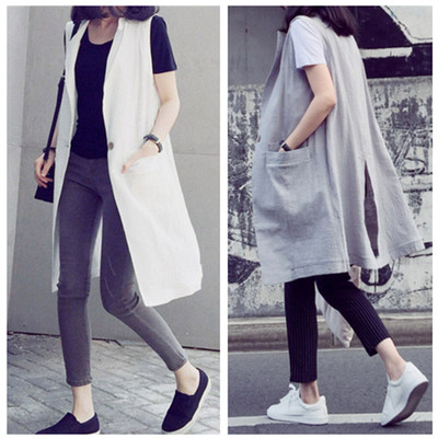 春夏秋新款韩版宽松百搭中长款棉麻马甲女休闲时尚无袖背心坎肩潮