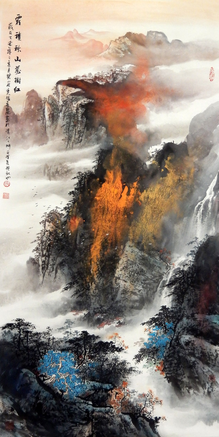 实力派画家张春丽泼彩山水画 四尺竖幅秋景 霜积秋山万树红X25401