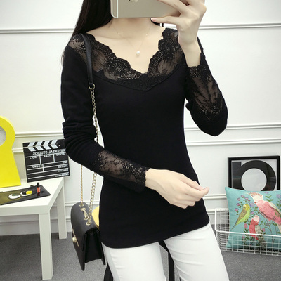 冬季加绒加厚蕾丝保暖内衣女V领单件打底衫长