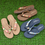 韩版波西米亚女夏季草编织中坡跟厚底沙滩夹脚人字凉拖鞋