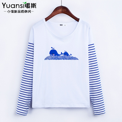 清仓2016秋季薄款韩版条纹拼接印花长袖t恤女