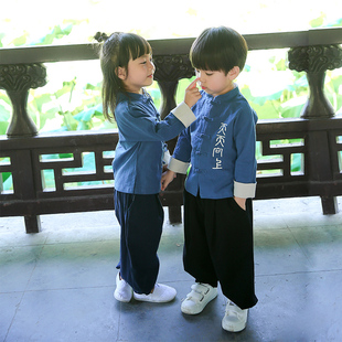 儿童唐装女童中国风汉服男童套装，传统复古风春款棉麻两件套国学服