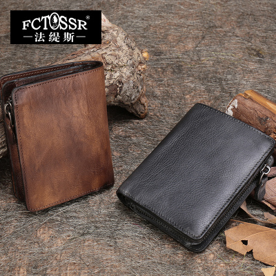 法缇斯头层牛皮复古休闲真皮手工拉链原创迷你多卡位短款小钱包女