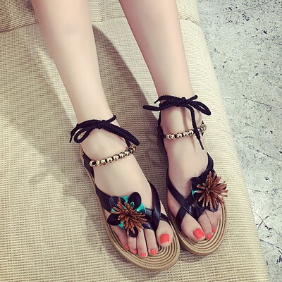 甜美优雅女凉鞋2017夏季新款绑带休闲百搭套趾学生防滑平底凉鞋潮