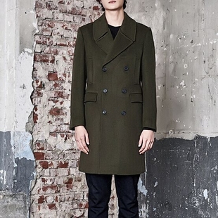 韩国男士修身韩版中长款夜店发型师军绿色双排扣拼接大衣夹克潮
