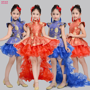 儿童古筝演出服装女童公主裙女孩舞蹈纱裙小学生红中国风表演服装