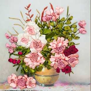 欧式丝带绣挂画玫瑰花开花瓶，花卉客厅花卉彩印，非十字秀
