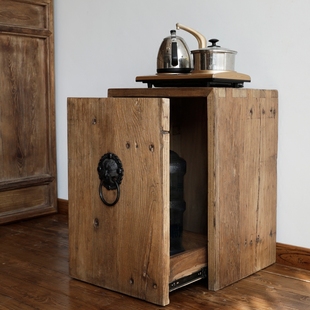 古朴实木茶水柜简约现代原木小餐边置物台架新中式家具老榆木角柜