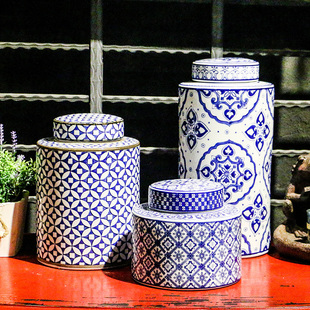 新中式青花陶瓷器储物罐美式古典玄关新房客厅酒柜，家居装饰品摆件