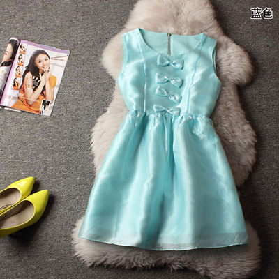 特价E-948920 夏圆领拉链无袖蝴蝶结纯色连衣裙
