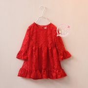 1-2-3岁女宝宝红色连衣裙蕾丝韩版春秋小女孩长袖公主裙潮喇叭袖