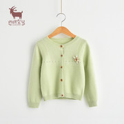 女童羊绒衫开衫儿童羊绒衫女宝宝，羊毛衫绿色毛衣，日系小清新外套秋