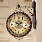 欧式双面客厅挂钟静音两面，时钟实木复古石英钟表，墙壁钟表时尚创意