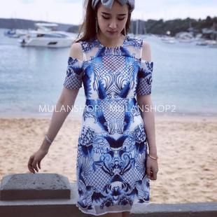 清货折THURLEY 蓝色网格花纹露肩短袖连衣裙澳洲设计师品牌