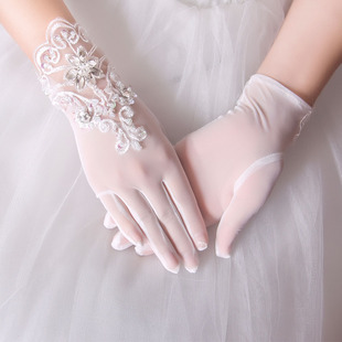 白婚纱手套新娘手套短款蕾丝结婚网纱水钻短手套五指薄款夏季