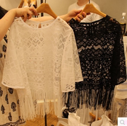 大码流苏蕾丝衫夏季韩版宽松圆领罩衫，透明透视镂空五分袖上衣潮