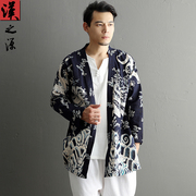 中国风男装中式复古印花开衫，夏季薄款外套，长袖棉麻宽松上衣民潮