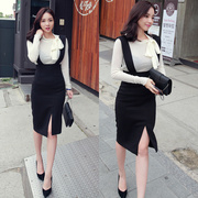 2023韩版女装修身显瘦OL时尚高腰包臀开叉中长背带半身一步裙