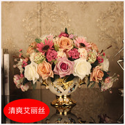 新中式 欧式美式仿真花 客厅摆设假花套装餐桌花盆栽绢花茶几花