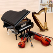 刻字木质八音盒木质钢琴音乐盒，竖琴小提琴大提琴，模型摆件生日礼物