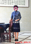 蓝印花布女装民族风长袖对襟衬衫纯棉中式上衣加大码茶楼工作服