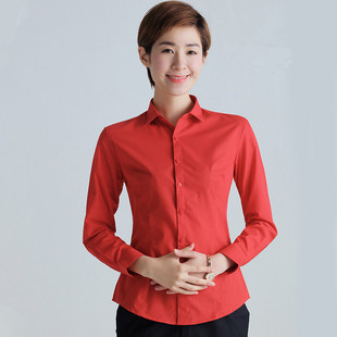 春季长袖衬衫女职业工装修身ol通勤方领大红色衬衣女打底衫有大码
