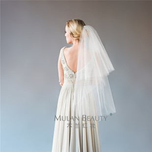 2022韩式婚纱头纱短款甜美新娘简约双层带发梳白色硬纱