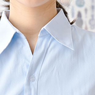 浅蓝斜纹衬衫短袖女修身收腰V领隐纹衬衣职业装OL工服
