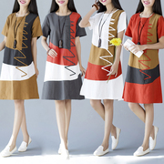 2023夏季韩版民族风女装大码宽松短袖拼接中长款亚棉麻连衣裙