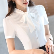韩版职业白色衬衫女短袖夏季雪纺宽松正装大码蝴蝶结衬衣2022
