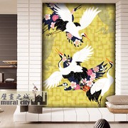 日本樱花仙鹤壁纸日系花纹，墙纸日式和风，花瓣风格复古清新壁画背景